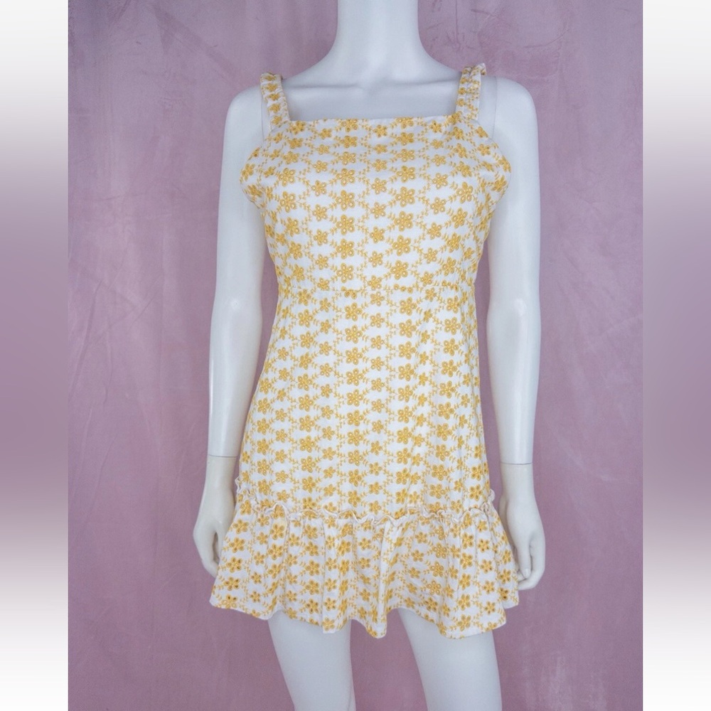 LPA Revolve Womens Yellow Floral Mini Eyelet Dress Size Small Cottagecore